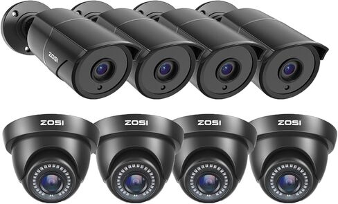 ZOSI 8 Pack HD-TVI كاميرات أمنية، 1080P 2MP مجموعة كومبو داخلية وخارجية، نظام مراقبة CCTV رصاصي وقبة مقاوم للطقس مع ميكروفون مدمج، in Kuwait