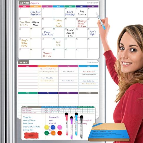 CREKERT Magnetic Calendar Whiteboard for Fridge Dry Erase Whiteboard Set of 3 for Kitchen Refrigerator Monthly Weekly Family Planning Whiteboard with 6 Magnets 4 Markers 1 Eraser (Gift Box) in Saudi Arabia
