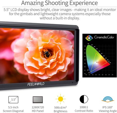 كاميرا Feel WORLD S55 مقاس 5.5 بوصة، شاشة DSLR الميدانية 4K HDMI صغيرة كاملة الوضوح 1280x720 IPS، مساعدة التركيز على ذروة الفيديو مع مخرج تيار مستمر 8.4 فولت in Kuwait