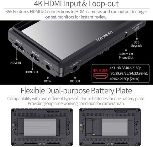 كاميرا Feel WORLD S55 مقاس 5.5 بوصة، شاشة DSLR الميدانية 4K HDMI صغيرة كاملة الوضوح 1280x720 IPS، مساعدة التركيز على ذروة الفيديو مع مخرج تيار مستمر 8.4 فولت in Kuwait