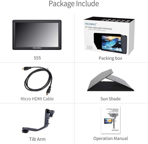 كاميرا Feel WORLD S55 مقاس 5.5 بوصة، شاشة DSLR الميدانية 4K HDMI صغيرة كاملة الوضوح 1280x720 IPS، مساعدة التركيز على ذروة الفيديو مع مخرج تيار مستمر 8.4 فولت in Kuwait