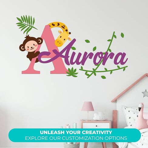 ملصقات حائط مخصصة من e-Graphic Design Inc على شكل قرد وزرافة للطفلة أو الصبي I اسم مخصص وحرف أولي لديكور جدار الحضانة I خيارات متعددة الأحجام والألوان (عرض 32 بوصة × 18 بوصة ارتفاع) in Kuwait