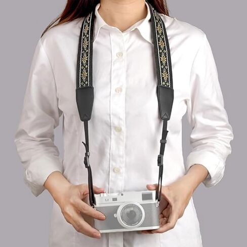 حزام كاميرا Yunseity قابل للتعديل، حزام كتف عتيق مخصص للكاميرا الرقمية DSLR مع طبقة مزدوجة من الجلد، قطن مريح طوال اليوم (أسود) in Kuwait