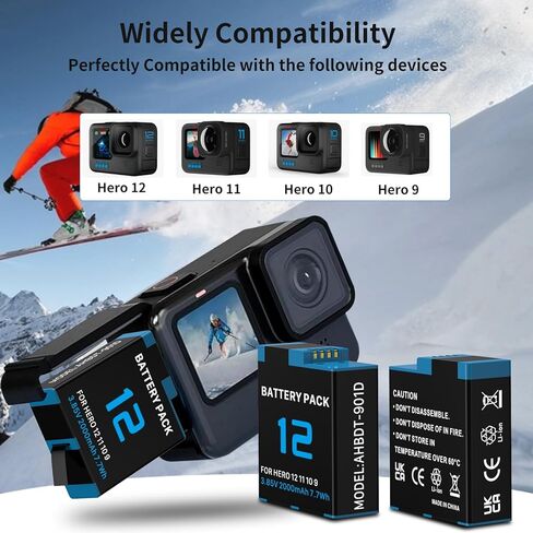 2000mAh Battery for GoPro Hero 12, 11, 10, 9 Series Camera (1-Pack), 2025 New Upgraded High-Performance Ultra-High-Capacity Li-ion Replacement Batteries (Black, Hero 12/11/10/9, A) in Kuwait
