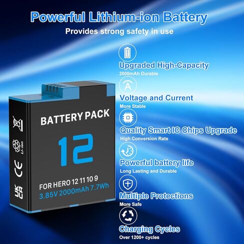 2000mAh Battery for GoPro Hero 12, 11, 10, 9 Series Camera (1-Pack), 2025 New Upgraded High-Performance Ultra-High-Capacity Li-ion Replacement Batteries (Black, Hero 12/11/10/9, A) in Kuwait