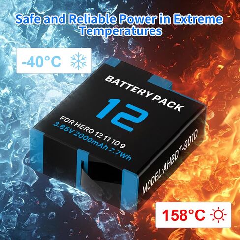2000mAh Battery for GoPro Hero 12, 11, 10, 9 Series Camera (1-Pack), 2025 New Upgraded High-Performance Ultra-High-Capacity Li-ion Replacement Batteries (Black, Hero 12/11/10/9, A) in Kuwait