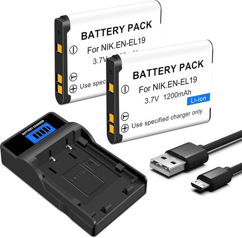 عبوتان من بطارية EN-EL19 (1200 مللي أمبير في الساعة) وشاحن USB رفيع لنيكون Coolpix S32، S33، S100، S2800، S3100، S3200، S3300، S3500، S3600، S3700، S4100، S4200، S4300، S5200، S5300، S6500، S6800، S7000 in Kuwait