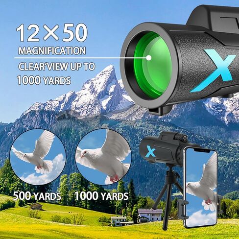 منظار أحادي العين 12x50 عالي الطاقة عالي الدقة للبالغين BAK4 Prism FMC عدسة مقاومة للماء ورؤية واضحة منخفضة الإضاءة تتضمن حامل ثلاثي القوائم ومحول هاتف للمشي لمسافات طويلة والتخييم in Kuwait