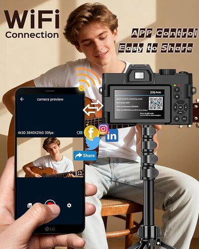 5K Digital Camera for Photography with WiFi 48MP Vlogging Camera for Beginners with Flip Screen, Wide Angle & Macro Lens, Microphone, 32GB MicroSD Card, Card Reader, 2 Batteries, Charger in Saudi Arabia