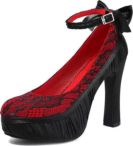Elerhythm Women's Mary Jane Punk Closed Toe Lace Flower Elegantes Gothic Pumps Sweet Bow Platform High Heels Shoes in Saudi Arabia