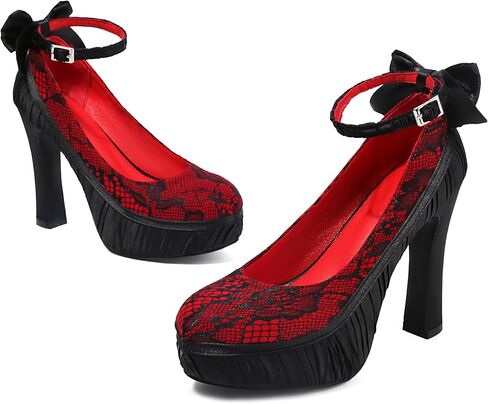 Elerhythm Women's Mary Jane Punk Closed Toe Lace Flower Elegantes Gothic Pumps Sweet Bow Platform High Heels Shoes in Saudi Arabia