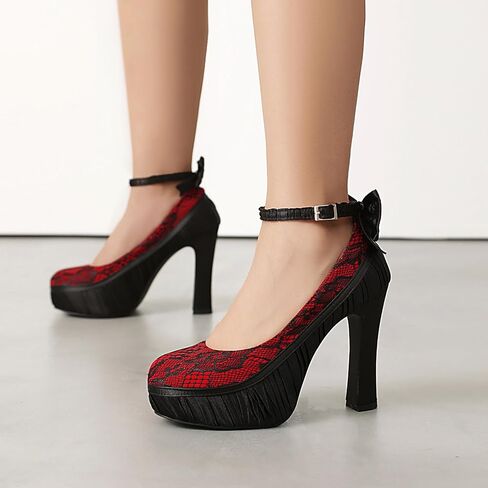 Elerhythm Women's Mary Jane Punk Closed Toe Lace Flower Elegantes Gothic Pumps Sweet Bow Platform High Heels Shoes in Saudi Arabia