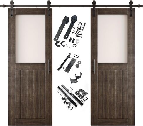 Ebony 36 x 80 in. Sliding Barn Door, Set of 2 Doors, Half Lite Frosted Glass, Assembly Required, with 13 ft Double Door Hardware Kit, Non-Bypass, Interior Use in Saudi Arabia