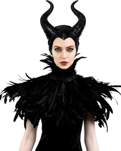 L'VOW Gothic Black Feather Cape Shawl with Maleficent Horns for Halloween Crow Costume in Kuwait