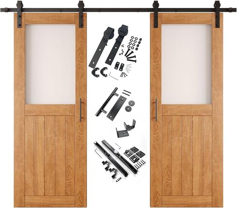 Early American 42 x 80 in. Sliding Barn Door, Set of 2 Doors, Half Lite Frosted Glass, Assembly Required, with 15 ft Double Door Hardware Kit, Non-Bypass, Interior Use in Saudi Arabia