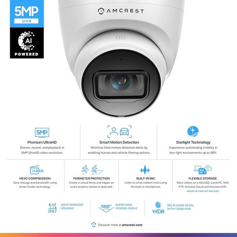 كاميرا Amcrest Turret POE بدقة 5 ميجابكسل، كاميرا IP خارجية POE مع ميكروفون/صوت، كاميرات مراقبة أمنية 5 ميجابكسل، 132 درجة FOV، IP67، MicroSD (256 جيجابايت) أبيض REP-IP5M-T1179EW-AI-V3 in Kuwait