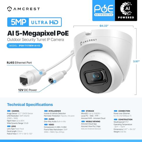 كاميرا Amcrest Turret POE بدقة 5 ميجابكسل، كاميرا IP خارجية POE مع ميكروفون/صوت، كاميرات مراقبة أمنية 5 ميجابكسل، 132 درجة FOV، IP67، MicroSD (256 جيجابايت) أبيض REP-IP5M-T1179EW-AI-V3 in Kuwait