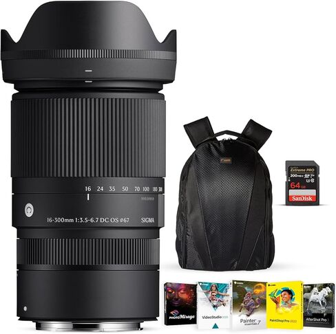عدسة سيجما 16-300 مم f/3.5-6.7 DC OS المعاصرة لـ Canon RF - عدسة تكبير الكل في واحد APS-C مع بطاقة ذاكرة SDXC Extreme SDXC سعة 64 جيجابايت، ومجموعة برامج فن الفيديو من Corel OEM وحقيبة ظهر للكاميرا الرقمية - حزمة in Kuwait