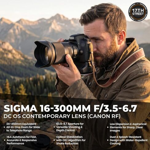 عدسة سيجما 16-300 مم f/3.5-6.7 DC OS المعاصرة لـ Canon RF - عدسة تكبير الكل في واحد APS-C مع بطاقة ذاكرة SDXC Extreme SDXC سعة 64 جيجابايت، ومجموعة برامج فن الفيديو من Corel OEM وحقيبة ظهر للكاميرا الرقمية - حزمة in Kuwait