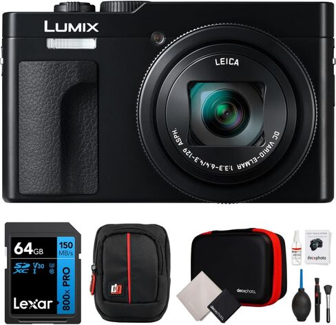 كاميرا باناسونيك DC-ZS99S LUMIX ZS99 بحجم الجيب للسفر ونمط الحياة، حزمة تكبير 30x (أسود) مع بطاقة ذاكرة SDXC سعة 64 جيجابايت من Lexar، وحقيبة كاميرا ديكو للصور (أسود/أحمر) ومجموعة تنظيف الكل في واحد in Kuwait