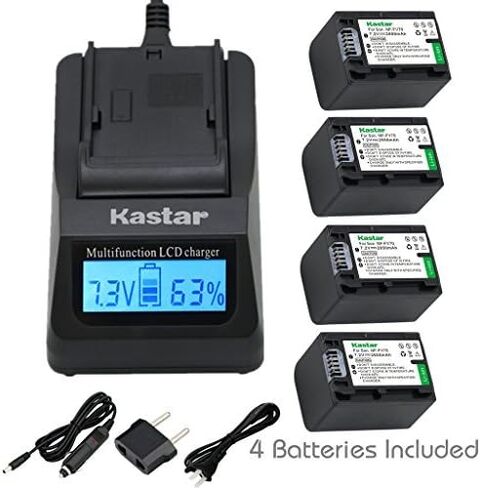 مجموعة شاحن Kastar فائق السرعة (أسرع 3 مرات) وبطارية (4 عبوات) لسوني NP-FV70، CB-TRV، TRV-U وسوني DCR-SR15، SR21، SR68، SR88، SX21، SX45، SX63، SX65، SX85، FDR-AX100، HDR-CX105، CX130، CX 155،CX160،CX190،CX200،CX260V،CX290،CX300،CX305،CX330،CX350V،CX360V، in Kuwait