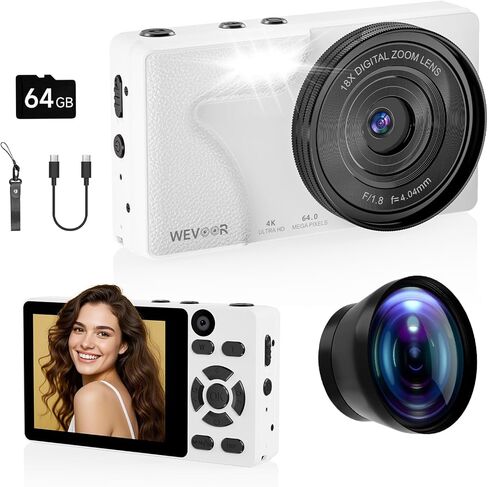 كاميرا رقمية 4K للتركيز التلقائي للتصوير الفوتوغرافي، تكبير 18X، كاميرا جيب محمولة بدقة 64 ميجابكسل لتسجيل فيديو السفر على YouTube، كاميرا رقمية صغيرة الحجم للمبتدئين مع بطاقة سعة 64 جيجابايت in Kuwait