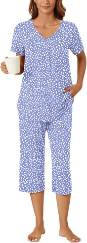 Bestbee Womens Pajama Set 2 قطعة صالة الملابس الصيفية سام من الرقبة v القصيرة الأكمام كابري بانت مع جيوب سيدات pjs in Kuwait