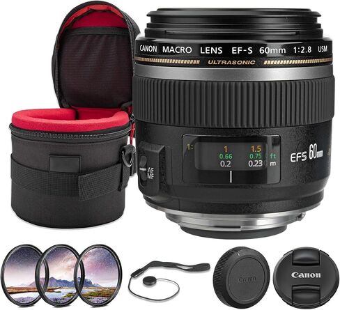 Canon EF-S 60mm f/2.8 Macro USM Lens Bundle | APS-C Macro Prime with 1:1 Magnification, Bright f/2.8 Aperture & Ring-Type USM Autofocus | Great for Close-Up & Nature (0284B002) + Filter Kit + More in Kuwait