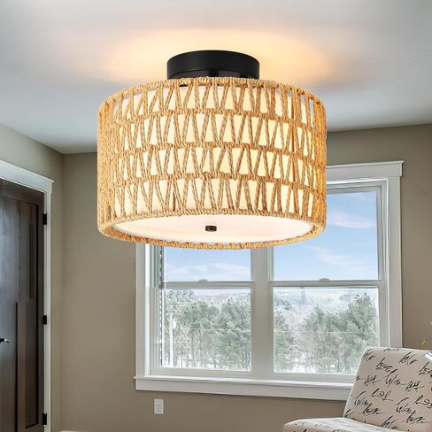 WILON Rattan Light Fixture Ceiling Mount, 3-Light Semi Flush Mount Ceiling Light Fixture with Fabric Shade, Modern Drum Woven Boho Light Fixture for Hallway Entryway Kitchen Bedroom Nursery Laundry in Saudi Arabia