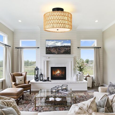 WILON Rattan Light Fixture Ceiling Mount, 3-Light Semi Flush Mount Ceiling Light Fixture with Fabric Shade, Modern Drum Woven Boho Light Fixture for Hallway Entryway Kitchen Bedroom Nursery Laundry in Saudi Arabia