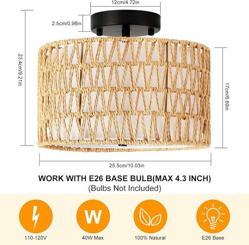 WILON Rattan Light Fixture Ceiling Mount, 3-Light Semi Flush Mount Ceiling Light Fixture with Fabric Shade, Modern Drum Woven Boho Light Fixture for Hallway Entryway Kitchen Bedroom Nursery Laundry in Saudi Arabia