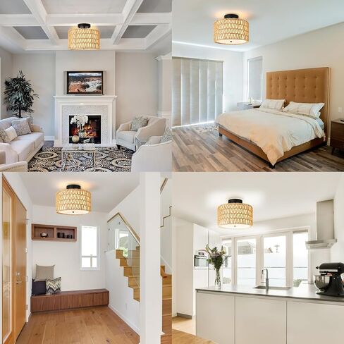 WILON Rattan Light Fixture Mount Mount، 3-Light شبه فلوش جبل السقف الإضاءة لاعبا اساسيا مع الظل النسيج، طبل الحديثة المنسوجة بوهو لاعبا اساسيا ضوء للمدخل مدخل المطبخ غرفة نوم الحضانة الغسيل in Kuwait