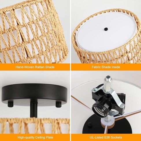 WILON Rattan Light Fixture Ceiling Mount, 3-Light Semi Flush Mount Ceiling Light Fixture with Fabric Shade, Modern Drum Woven Boho Light Fixture for Hallway Entryway Kitchen Bedroom Nursery Laundry in Saudi Arabia