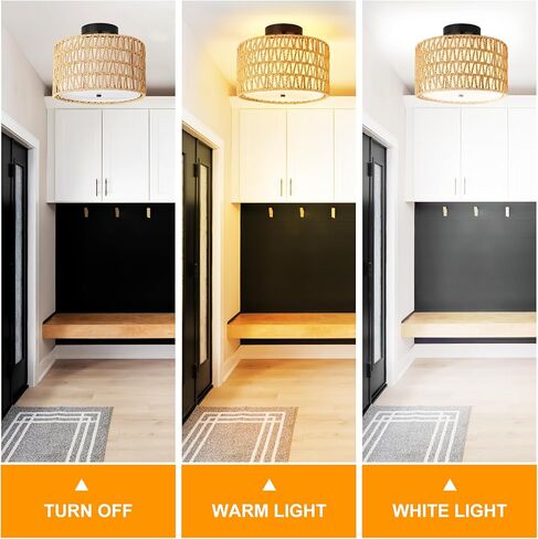 WILON Rattan Light Fixture Ceiling Mount, 3-Light Semi Flush Mount Ceiling Light Fixture with Fabric Shade, Modern Drum Woven Boho Light Fixture for Hallway Entryway Kitchen Bedroom Nursery Laundry in Saudi Arabia