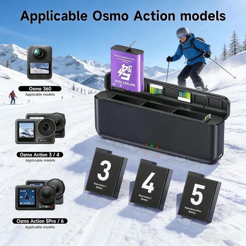 عبوتان من بطارية Osmo Action 5 Pro، توافق شاحن البطارية الفائق: Osmo 360، Osmo Action 6، Osmo Action 5 Pro، Osmo Action 4، Osmo Action 3، شاحن مع 3 منافذ in Kuwait