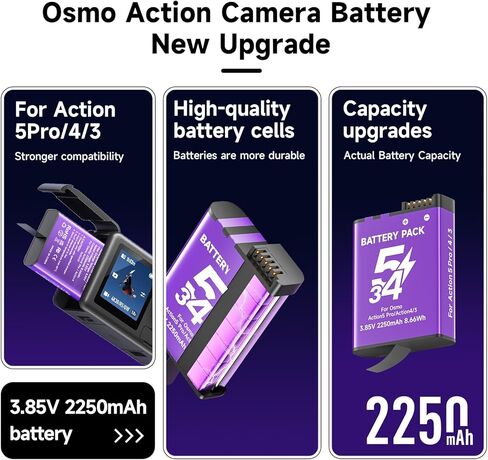 عبوتان من بطارية Osmo Action 5 Pro، توافق شاحن البطارية الفائق: Osmo 360، Osmo Action 6، Osmo Action 5 Pro، Osmo Action 4، Osmo Action 3، شاحن مع 3 منافذ in Kuwait