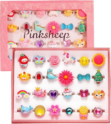 PinkSheep Little Girl Jewel Rings in Box, Adjustable, No Duplication, Girl Pretend Play and Dress Up Rings (24 Lovely Ring) in Saudi Arabia