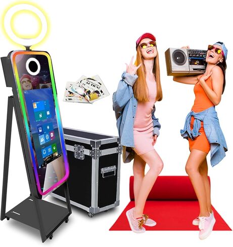 40in Magic Mirror Photo Booth Machine,21.5in Interactive Touch Screen Mirror Photo Booth with Flight Case,Built-in Mini Computer with Ring Light for Christmas、Party Events (Black, Machine + Printer) in Saudi Arabia