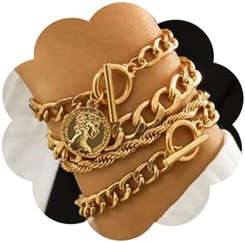fxmimior boho الأزياء لذيذ بسيط الذهب والفضة سلسلة تكويم أساور مجموعة للنساء قابل للتعديل مطرز مكتنزة شقة كابل سلسلة الشرير عملة أساور مجوهرات للنساء الفتيات هدية مجموعة من 4 (الذهب) in Kuwait