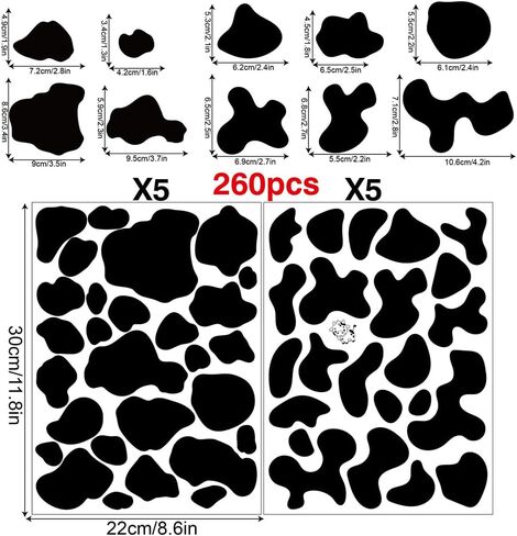 260 PCS Black Cow Spots Wall Decals – 10 Sheets Peel & Stick Removable Vinyl Cow Print Stickers, Mixed Sizes (1.6"–4.2"), Modern Farmhouse & Western Wall Decor for Living Room, Bedroom & Accent Walls in Kuwait