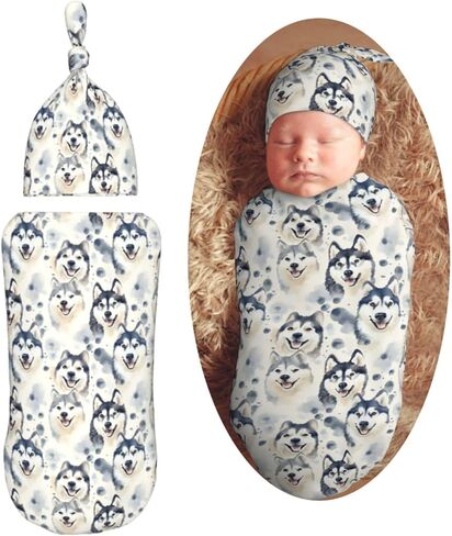 Watercolor Grey Husky Dogs Newborn Swaddle Blankets Hat Sets Soft Baby Receiving Blanket Swaddle Sack for Baby Shower Infant Boy Girl Gift in Saudi Arabia