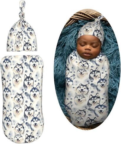 Watercolor Grey Husky Dogs Newborn Swaddle Blankets Hat Sets Soft Baby Receiving Blanket Swaddle Sack for Baby Shower Infant Boy Girl Gift in Saudi Arabia