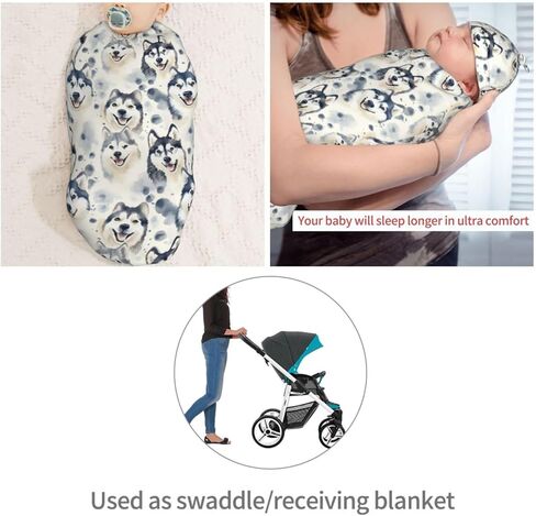 Watercolor Grey Husky Dogs Newborn Swaddle Blankets Hat Sets Soft Baby Receiving Blanket Swaddle Sack for Baby Shower Infant Boy Girl Gift in Saudi Arabia