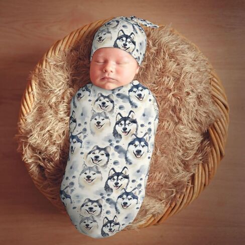 Watercolor Grey Husky Dogs Newborn Swaddle Blankets Hat Sets Soft Baby Receiving Blanket Swaddle Sack for Baby Shower Infant Boy Girl Gift in Saudi Arabia