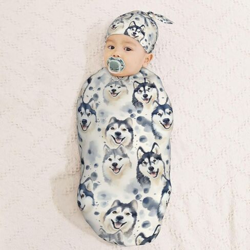 Watercolor Grey Husky Dogs Newborn Swaddle Blankets Hat Sets Soft Baby Receiving Blanket Swaddle Sack for Baby Shower Infant Boy Girl Gift in Saudi Arabia
