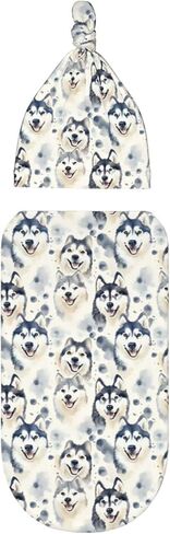 Watercolor Grey Husky Dogs Newborn Swaddle Blankets Hat Sets Soft Baby Receiving Blanket Swaddle Sack for Baby Shower Infant Boy Girl Gift in Saudi Arabia