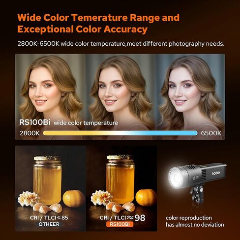 مصباح فيديو GODOX RS100BI LED، 100 وات ثنائي اللون 2800k-6500k، يصل إلى 28,600lux@1m(5600K) مع عاكس عدسة، ضوء سفر صغير جدًا، بطارية مدمجة، لاستوديو YouTube TikTok in Kuwait