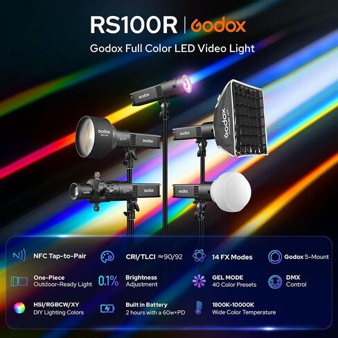 Godox RS100R 100W RGB Led Video Light 1800K-10000K، بطارية مدمجة، التحكم في التطبيق، لتسجيل الفيديو في الاستوديو، والتصوير in Kuwait