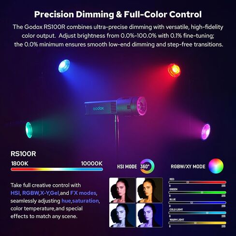 Godox RS100R 100W RGB Led Video Light 1800K-10000K، بطارية مدمجة، التحكم في التطبيق، لتسجيل الفيديو في الاستوديو، والتصوير in Kuwait