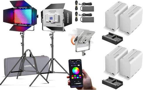 Godox Litemons LP600R RGB LED 2-Light Kit مع 4 بطاريات وشواحن NP-F970، حزمة إضاءة ملونة كاملة 60 وات، 1800-10000 كلفن، 2 حامل إضاءة وحقيبة، طاقة بطارية مزدوجة محمولة لتسجيل الفيديو in Kuwait